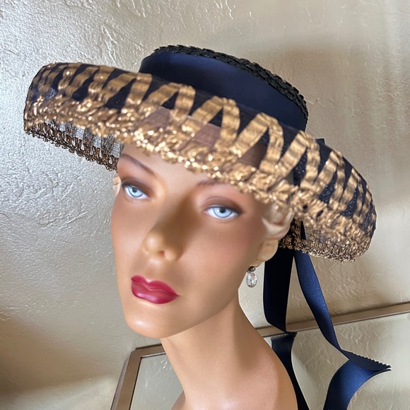 BEGUILING 1940s' BLACK STRAW HAT WITH NAVY AND GOLD SEE-THROUGH EDGING